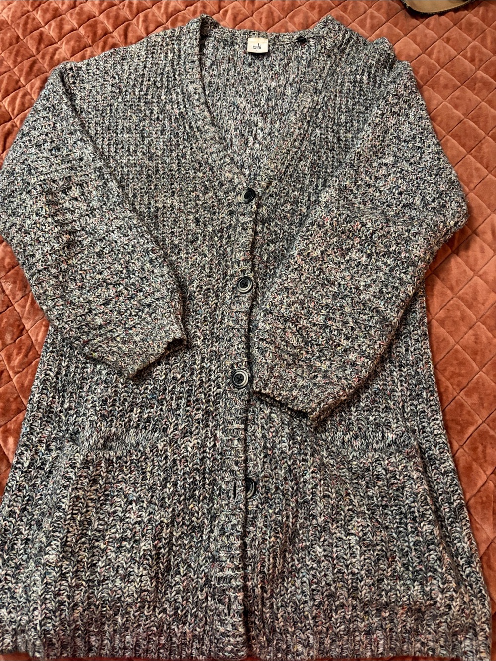 CAbi Marled Button-Front Cardigan in Heather Gray with Subtle Pinks
